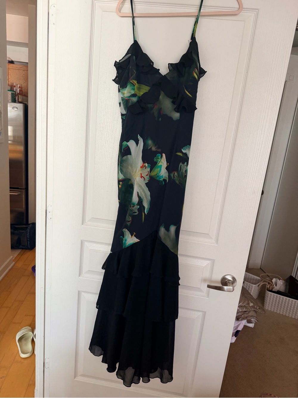 Runaway the Label Black Floral Ruffle Maxi Dress with Green and White Accents